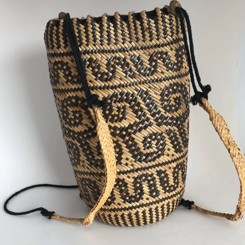 Tribal Pattern Rattan Boho Vegan Backpack Yoga Bag/Farmers Market - Picture 3 of 11